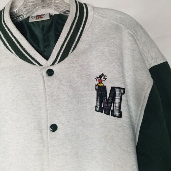 VTG 90s Disney Mickey & Co Jacket Green Gray Varsity Letterman Snap Button Large - Picture 7 of 16